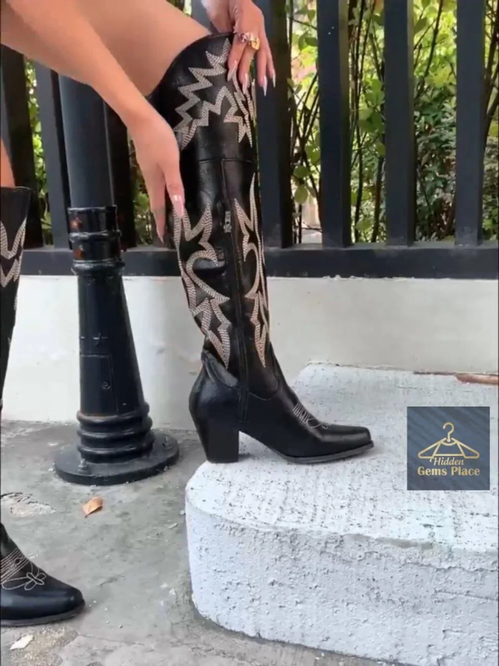 Over-the-Knee Western Cowboy Boots Square Toe PU Leather Embroidered Zipper